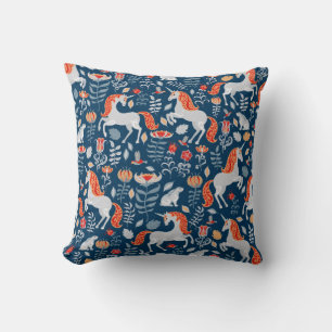 Unicorns,rabbits,birds,flowers on a blue backgroun throw pillow