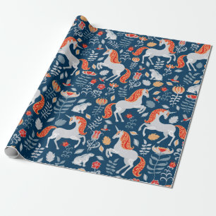 Unicorns,rabbits,birds,flowers on a blue backgroun wrapping paper