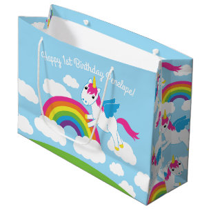 Unicorns & Rainbows Cute 1st Birthday Party Theme Large Gift Bag