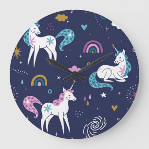 Unicorns Rainbows: Cute Cartoon Seamless Large Clock