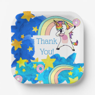 Unicorns Rainbows Doughnuts in Blue Starry Sky Cus Paper Plate