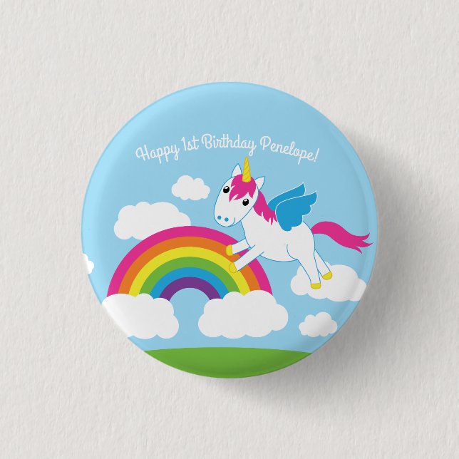 Unicorns & Rainbows Kid's Birthday Party Cute 1 Inch Round Button (Front)