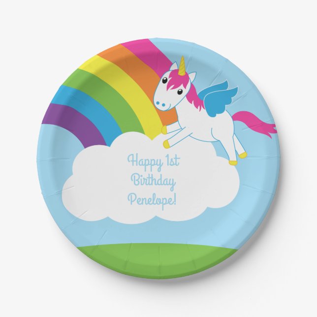 Unicorns & Rainbows Kid's Birthday Party Cute Paper Plate (Front)