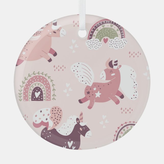 Unicorns Rainbows: Pastel Magic Background. Glass Ornament (Front)