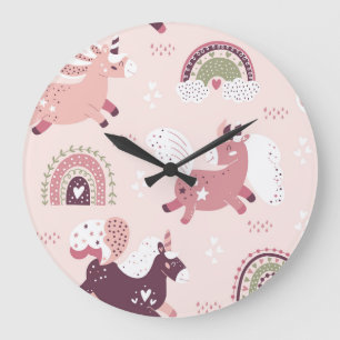 Unicorns Rainbows: Pastel Magic Background. Large Clock