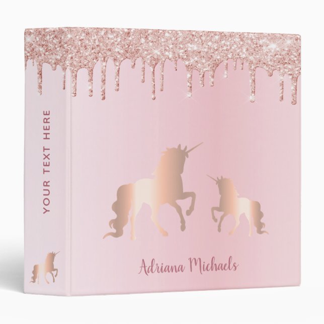 Unicorns rose gold glitter pink name binder (Front/Spine)