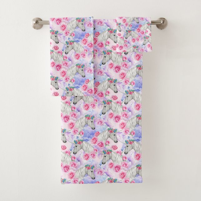 Unicorns & Roses Pattern Bath Towel Set (Insitu)
