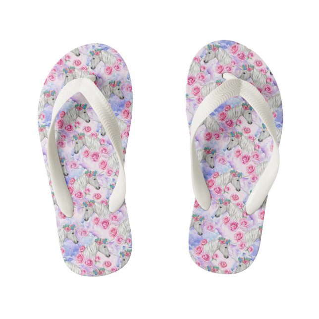 Unicorns & Roses Pattern Kid's Flip Flops (Footbed)