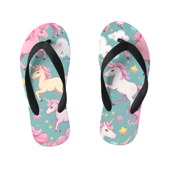 Unicorns with clouds and stars pattern kid's flip flops (Footbed)