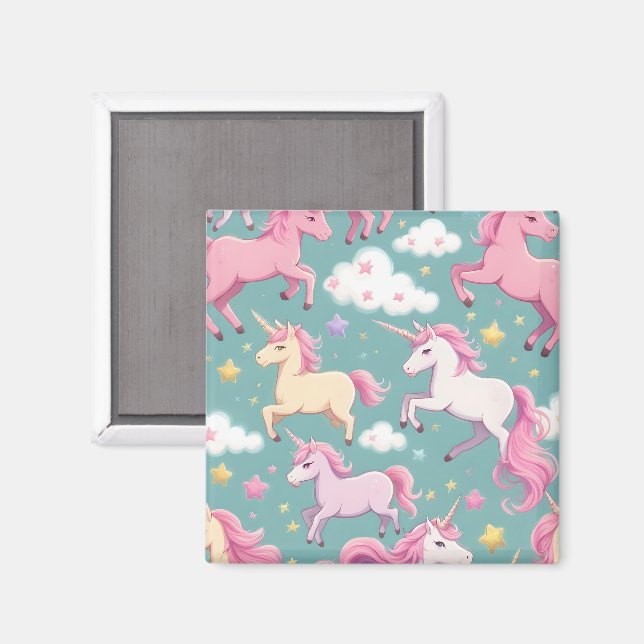 Unicorns with clouds and stars pattern magnet (Front/Back)
