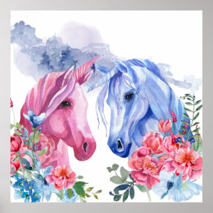 Unicorns with Flowers Watercolor Art Faux Canvas  Poster