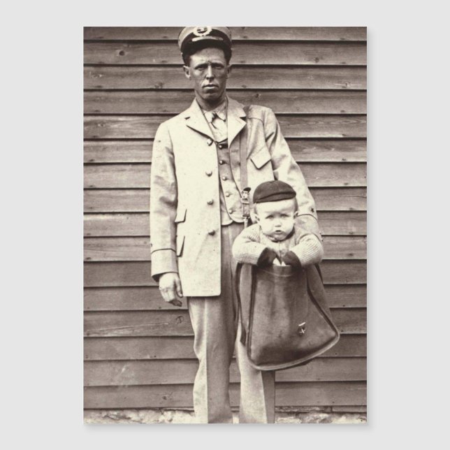 Uniformed Postman with Baby in Mailbag (Front)