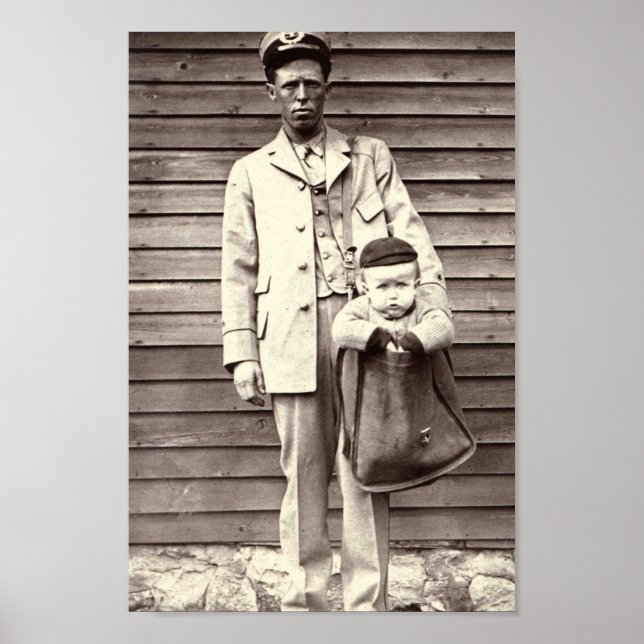 Uniformed Postman with Baby in Mailbag Poster (Front)