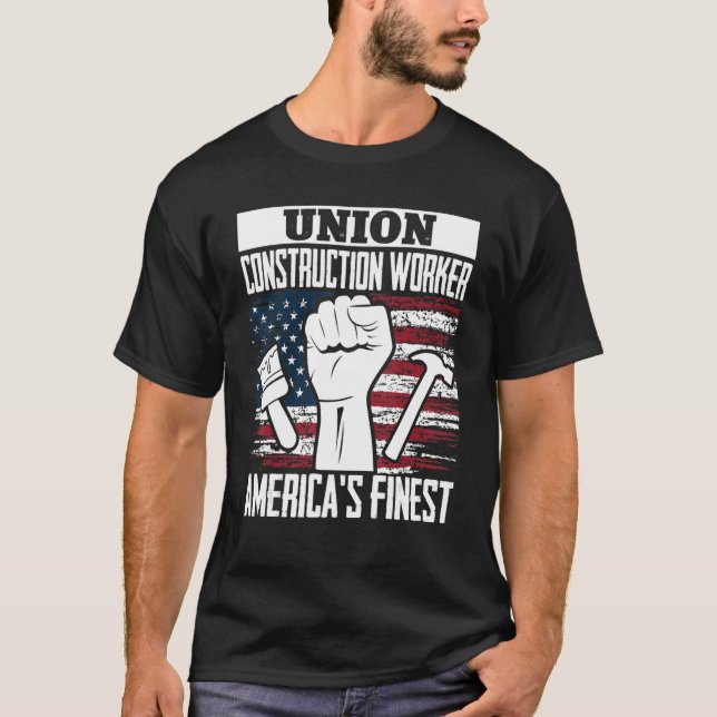 Union Construction Worker American USA Flag 4th of T-Shirt (Front)