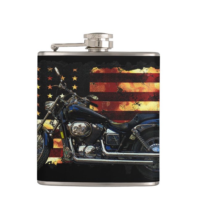 Union Flag, Stars and Stripes, Motorcycle, Hip Flask (Front)