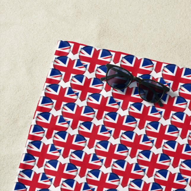 Union Jack Flag Colours Hearts Pattern Patriotic Beach Towel (In Situ)