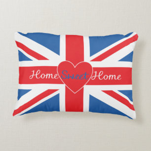 Union Jack Flag, Home Sweet Home & Heart Accent Pillow