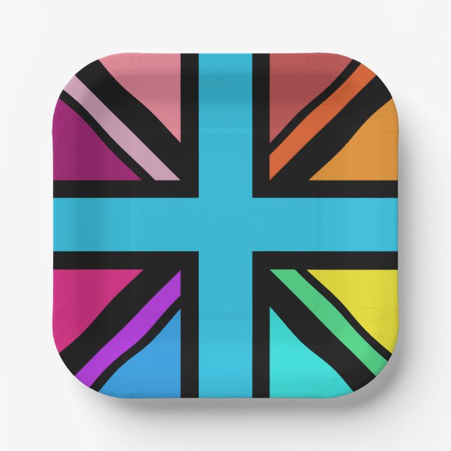 Union Jack/Flag Multicolored+Black Design Paper Plate (Front)