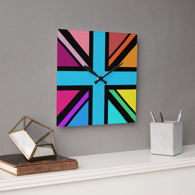 Union Jack/Flag Multicolored+Black Design Square Wall Clock (Office)