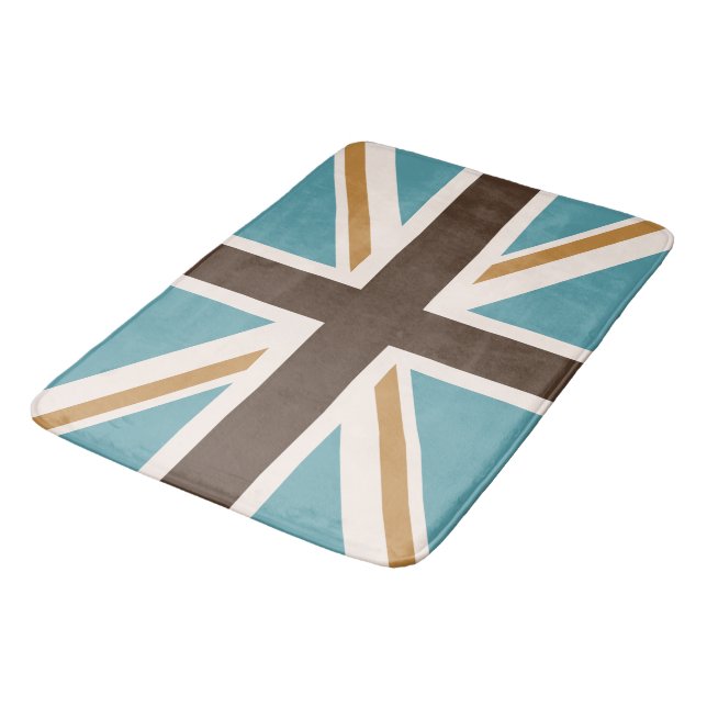 Union Jack/Flag Teal Brown Gold Cream Bath Mat (Angled)