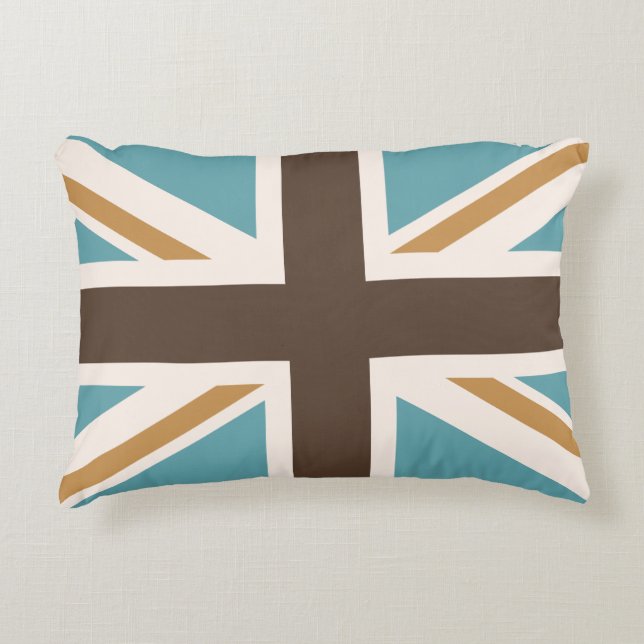 Union Jack/Flag Teal Brown Gold Cream Decorative Pillow (Front)