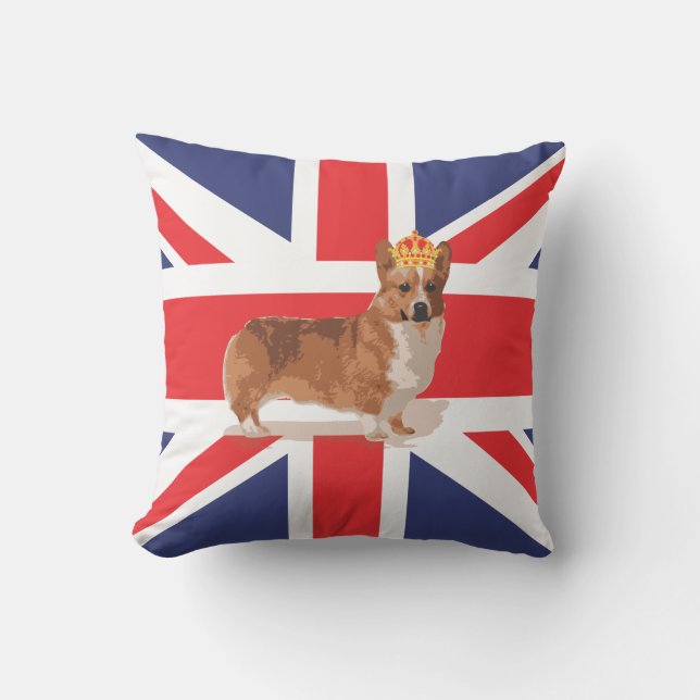 Union Jack Flag with Corgi and Crown Pillow (Front)