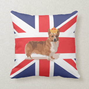 Union Jack Flag with Corgi and Crown Pillow