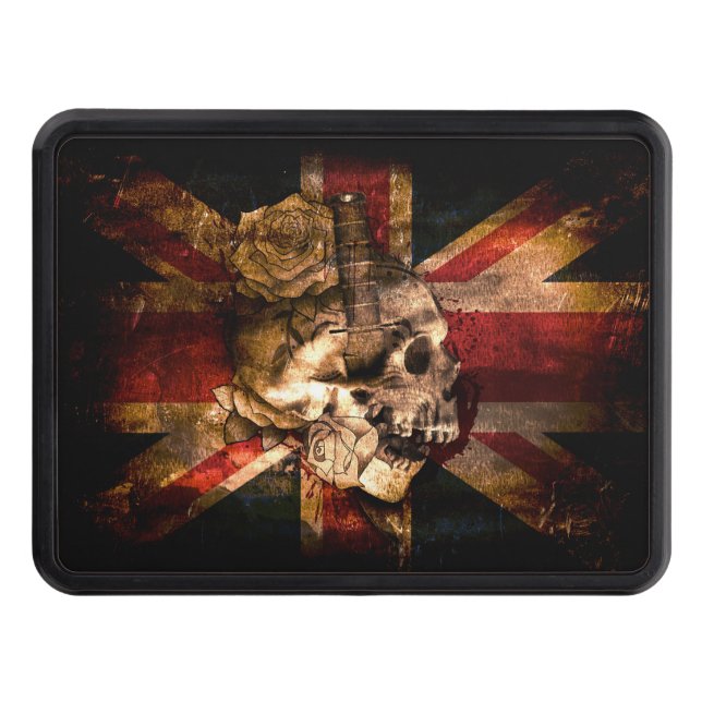 Union Jack Flag with Skull Rose Dagger Printed Trailer Hitch Cover (Front)