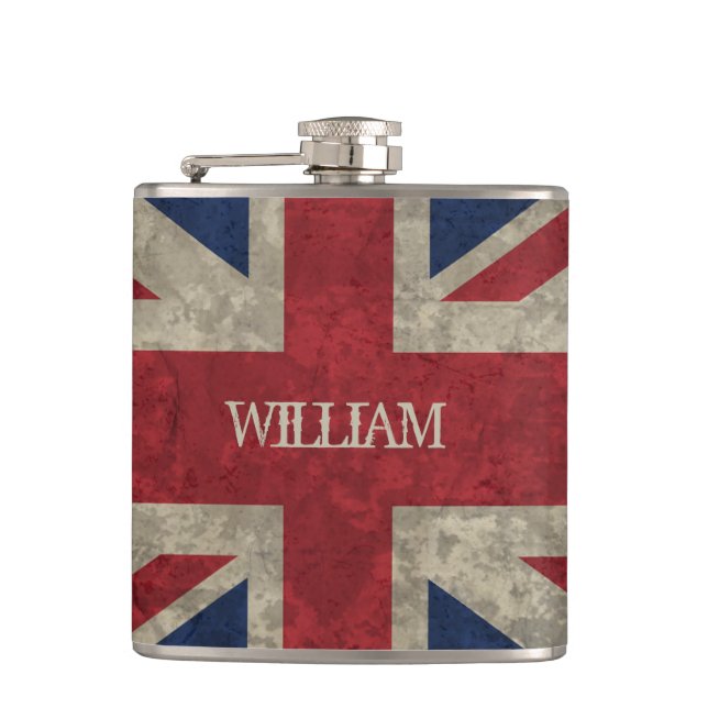 Union Jack | Grunge British Flag Personalized Hip Flask (Front)