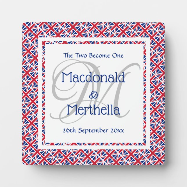 UNION JACK Monogram Name Keepsake Wedding Plaque (Front)