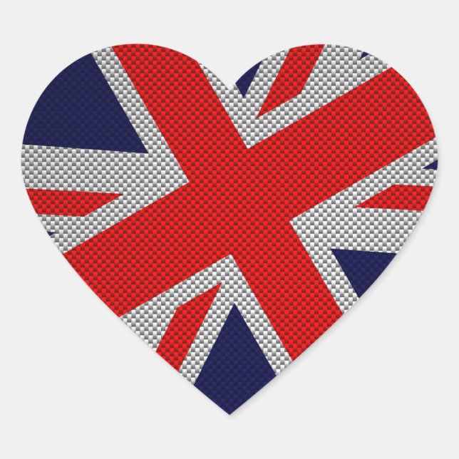Union Jack on Carbon Fiber Style Print Heart Sticker (Front)