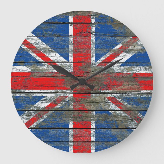 Union Jack on Rough Wood Boards Effect Large Clock (Front)
