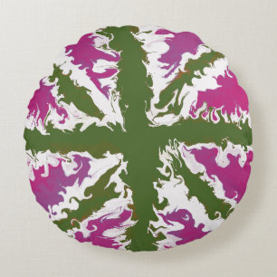 Union Jack Painted UK Art Pink and Green Decor Round Pillow