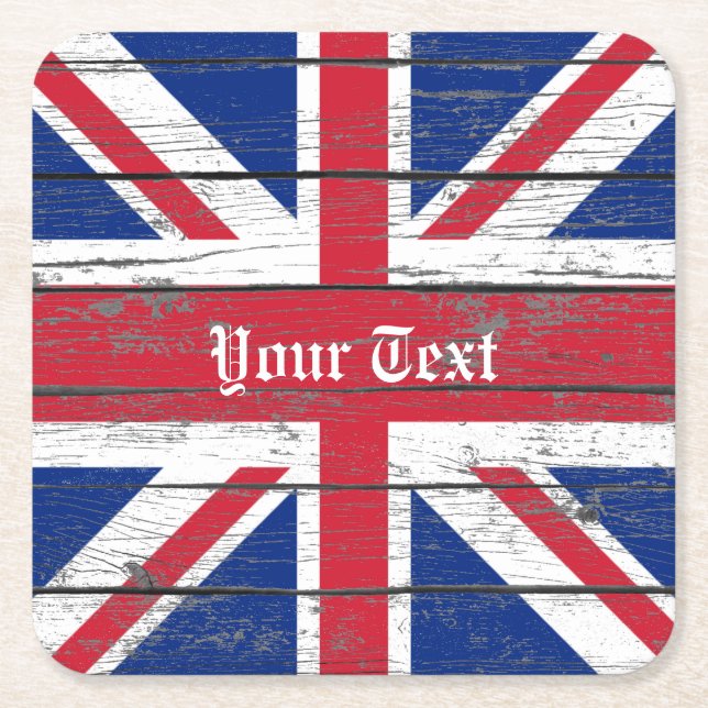 Union Jack Weathered Wood Personalize Square Paper Coaster (Front)