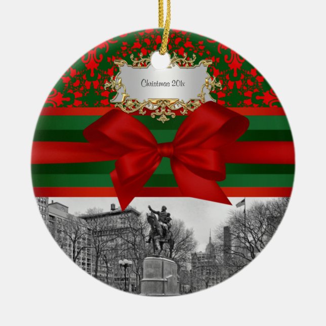 Union Square Park Winter NYC Xmas Damask #2R Ceramic Ornament (Front)
