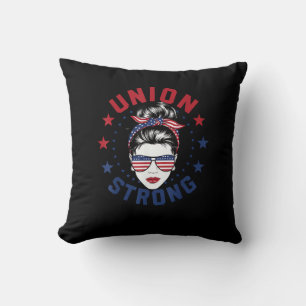 Union Strong Labour Day Messy Bun USA Flag Throw Pillow