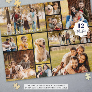 Unique 12 Photo Collage Simple Family Name Jigsaw Puzzle