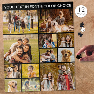 Unique 12 Photo Collage Simple Text Black Jigsaw Puzzle