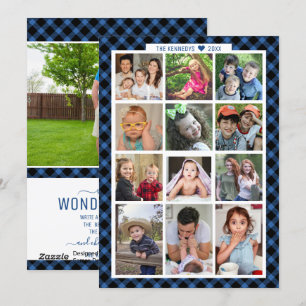 Unique 13 Photo Family Year In Review Blue Plaid Holiday Card