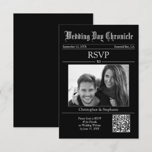 Unique 1 Black White Photo QR Code Black Newspaper RSVP Card