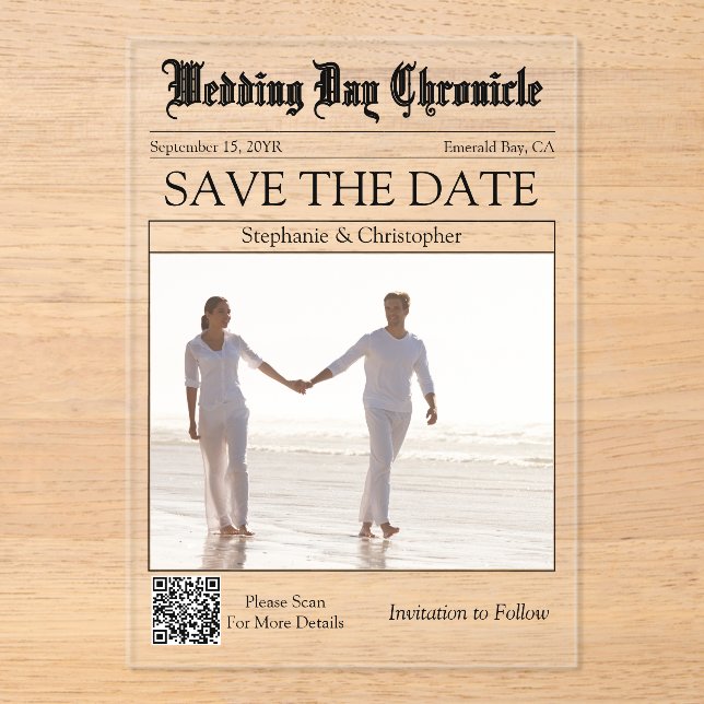 Unique 1 Photo QR Code Newspaper Save the Date Acrylic Invitations (Front)