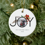 Unique 2 Photo Joy Merry Christmas Ceramic Ornament<br><div class="desc">A clean and simple yet festive design with a Photo embedded in the word JOY against very merry holly berries.  This 2 photo ornament is easily customized with your personalization on the front and back.  Ideal gift and keepsake for this Christmas holiday season!</div>