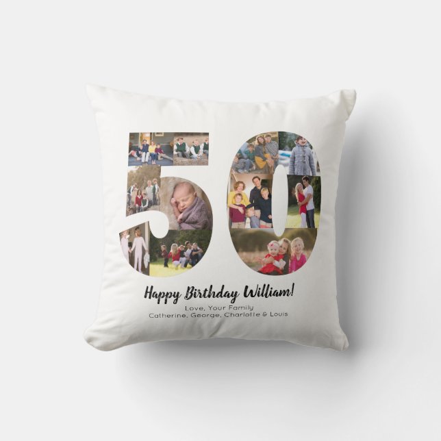 Unique 50 Number Photo Collage Custom Greeting Throw Pillow (Front)