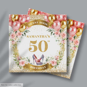 Unique 50th Birthday Guest Book Gold Glitter Pink