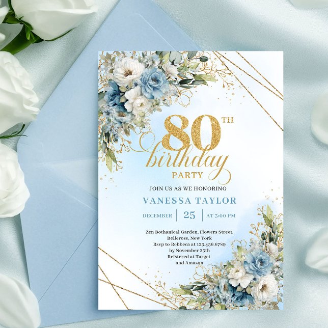 Unique 80th Birthday Invitation Boho Blue White  (Unique 80th Birthday Invitation Boho Blue White Florals)