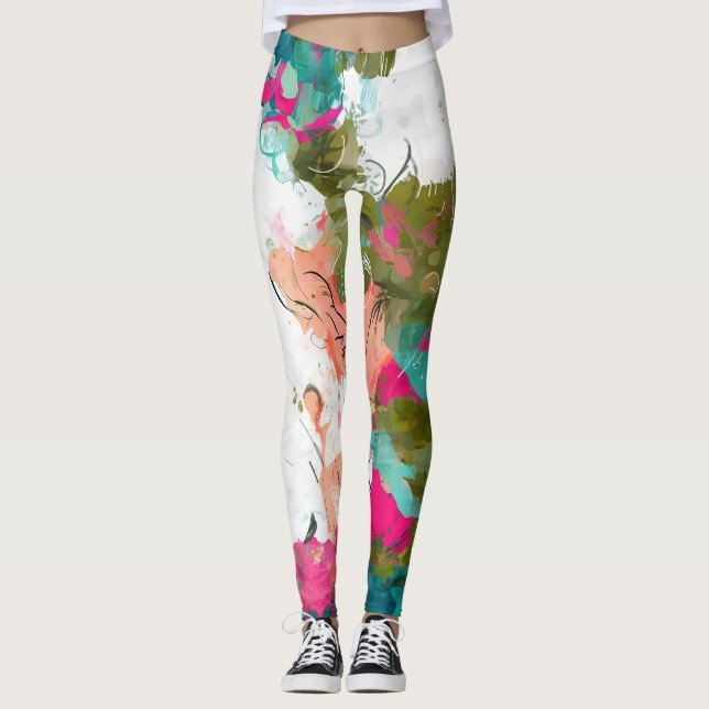 Unique abstract art pink and aqua leggings (Front)