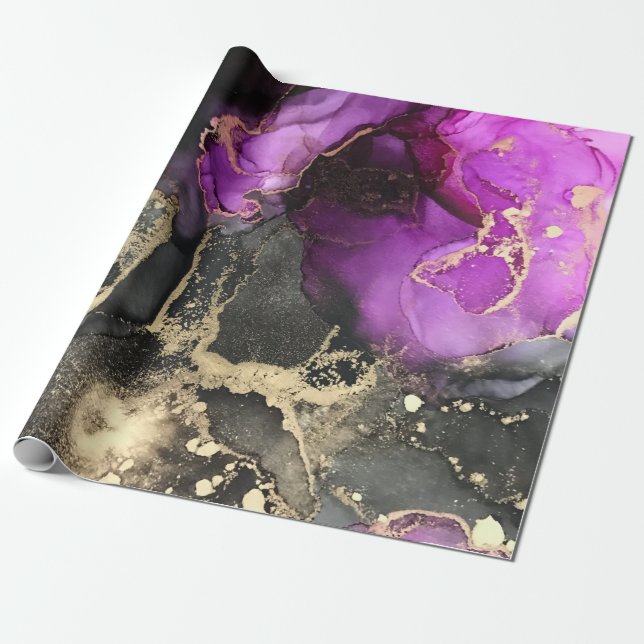 Unique Abstract Black Gold Purple Pink Art Wrapping Paper (Unrolled)