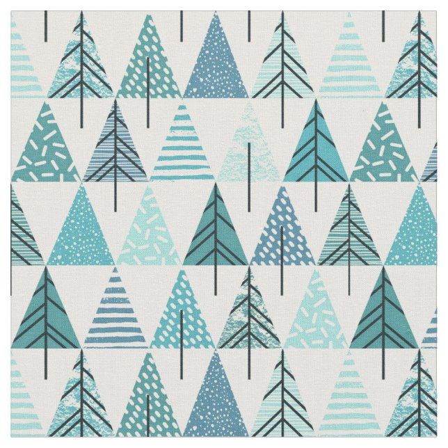 Unique Abstract Blue Christmas Trees Fabric (Close Up)