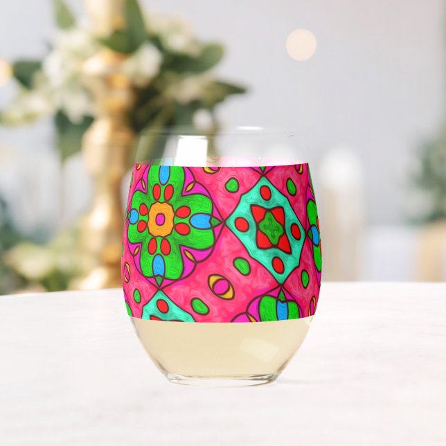 Unique Abstract Flowers Pattern Stemless Wine Glass (Insitu (Wedding))