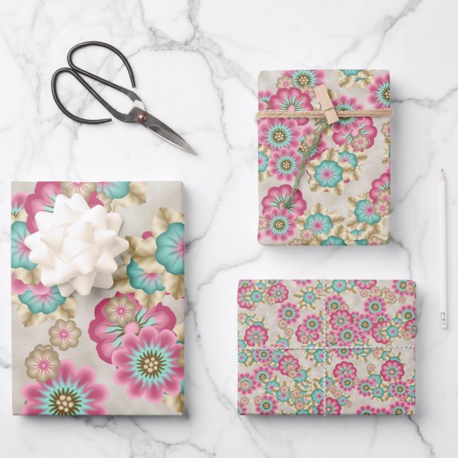 Unique Abstract Japanese Flowers Art Pattern Wrapping Paper Sheet (Front)